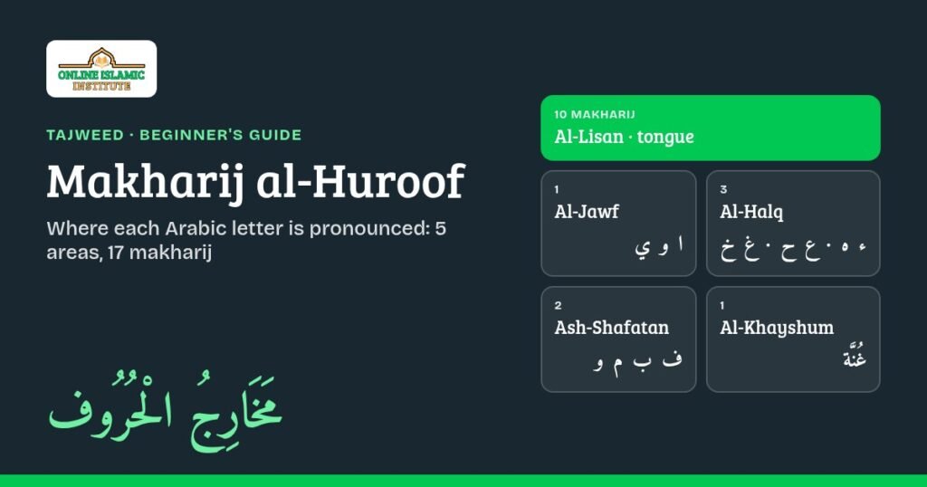 Makharij al-Huroof beginner's guide: the five articulation areas of Arabic letters, Al-Jawf, Al-Halq, Al-Lisan, Ash-Shafatan and Al-Khayshum