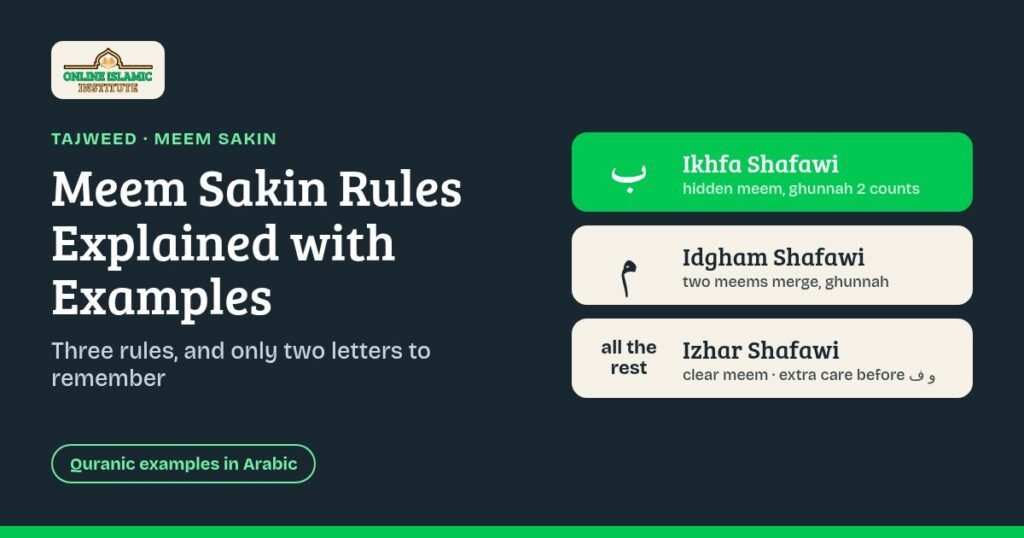 Meem sakin rules chart: Ikhfa Shafawi before ba, Idgham Shafawi before meem, Izhar Shafawi before all other letters