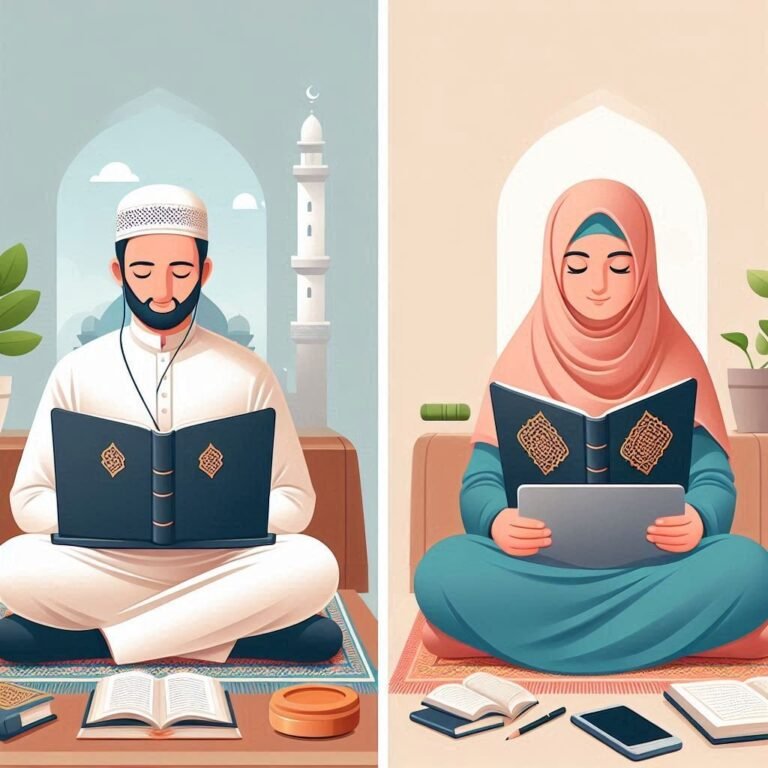 Man and woman reading the Quran from the mushaf for Hifz memorization practice