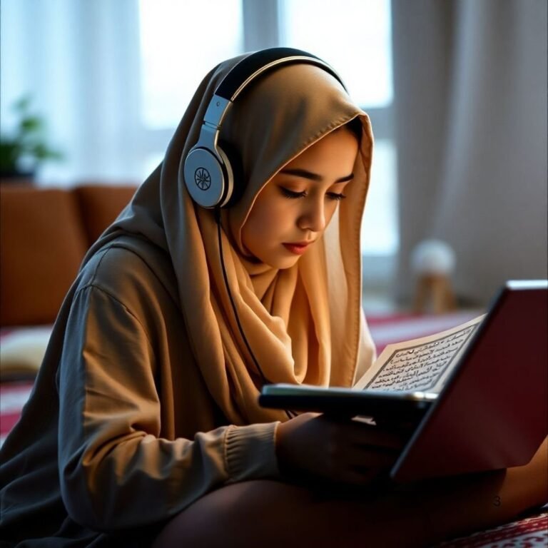 Girl with headphones reading the Quran in a live online Nazra Quran class