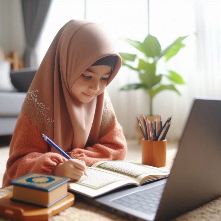 Young girl learning Noorani Qaida in an online Quran class, writing in her notebook beside a laptop