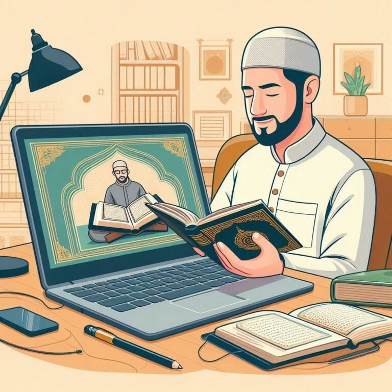 Teacher reciting the Quran with Tajweed during a live online lesson on a laptop