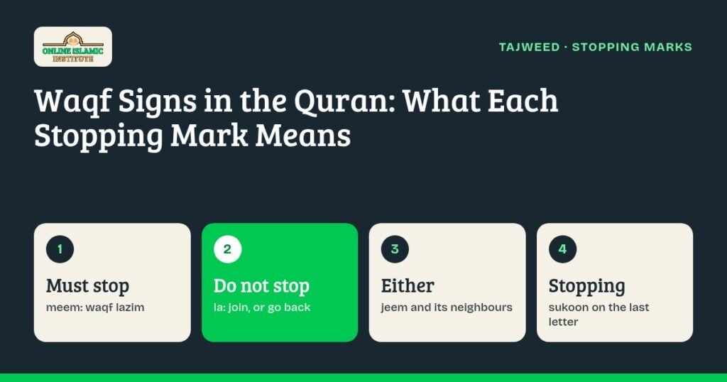 Graphic on waqf signs in the Quran: must stop, do not stop, either is fine, and how to stop